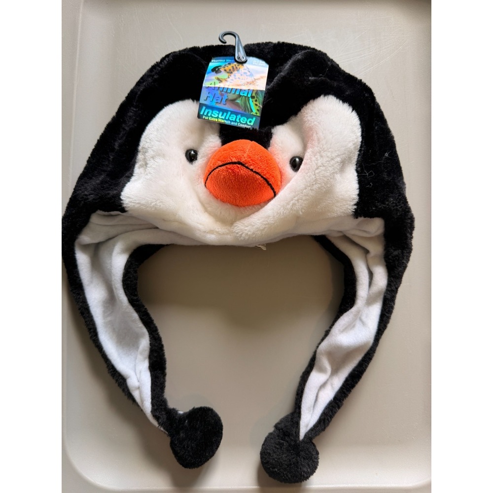Penguin Plush Animal Winter Hat Insulated Ear Flaps Pom Poms Novelty Beanie NWT